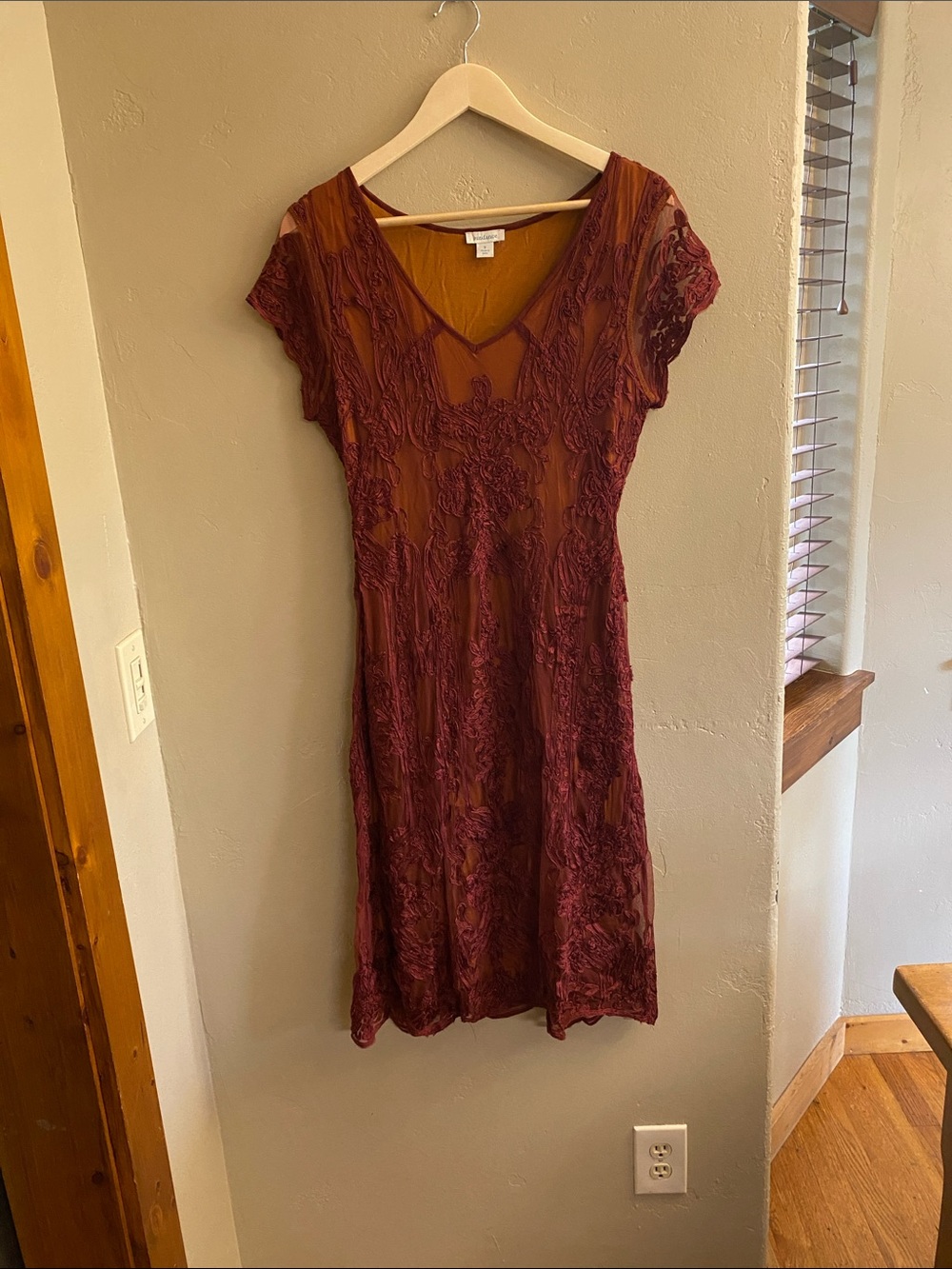 Sundance Burgundy Lace V-Neck Overlay Dress